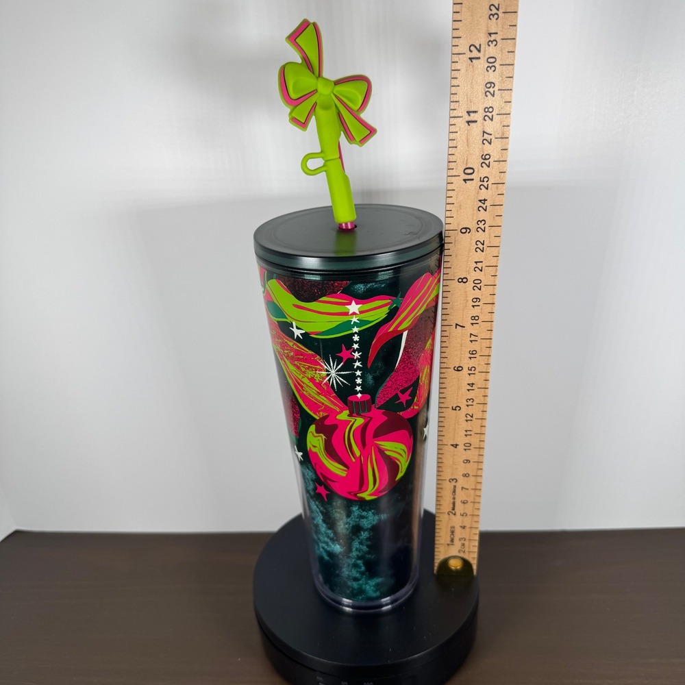 Starbucks 2023 Holiday Venti Tumbler 24oz Ornament Bow Straw Topper Cold Cup - Picture 12 of 12